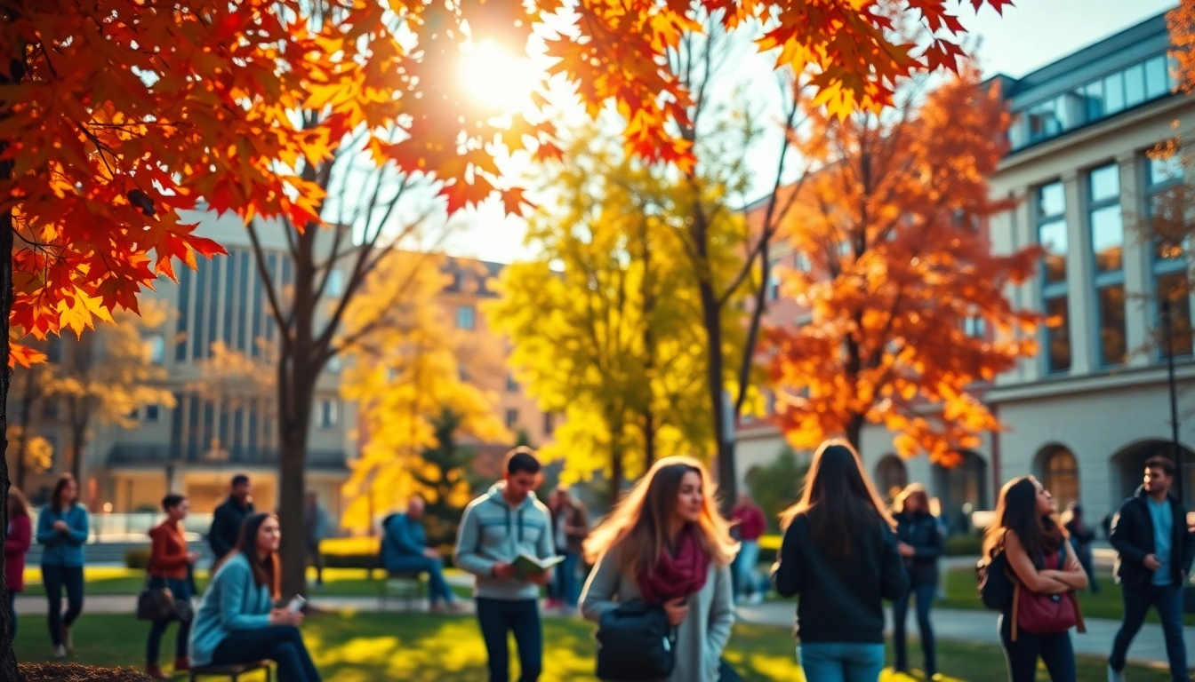 Students engaged in Polonya'da Üniversite Eğitimi on a picturesque campus surrounded by autumn colors.