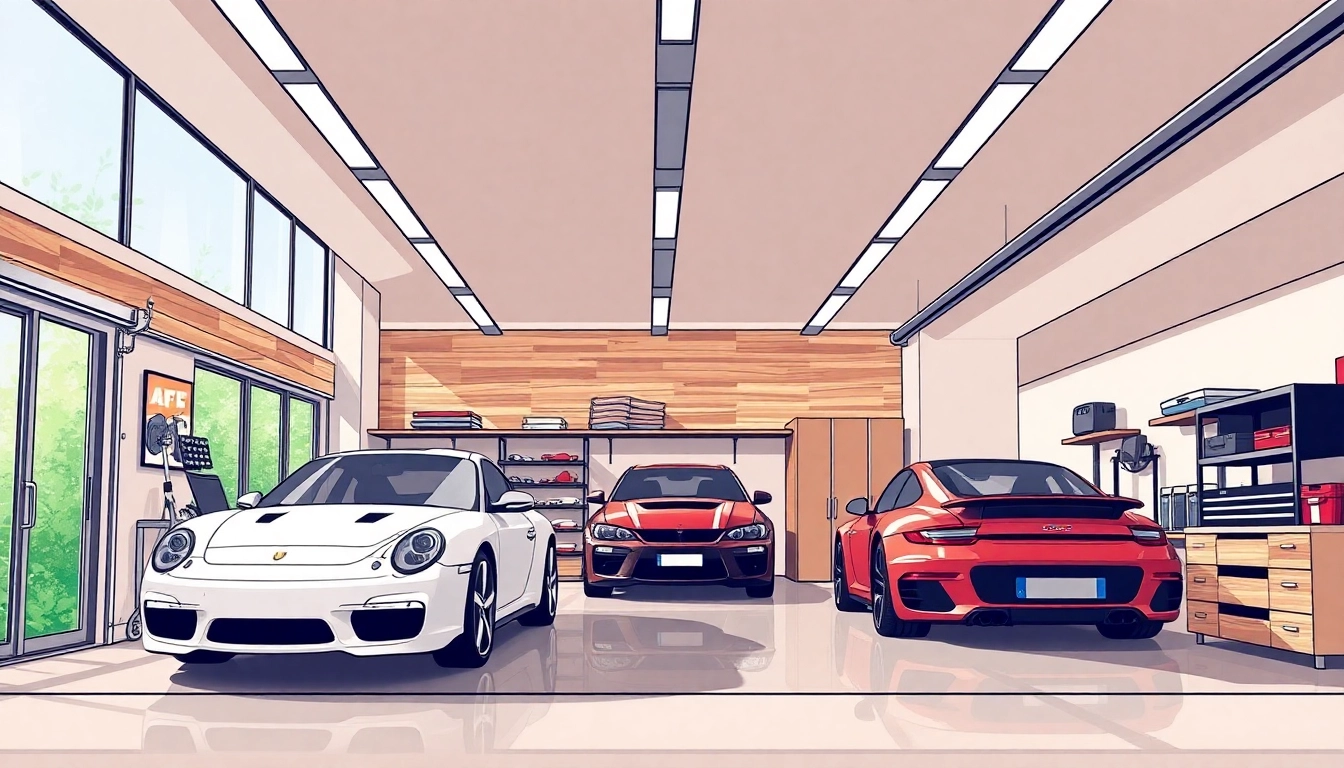 Design a vibrant and practical custom garage with modern features and ample storage solutions.