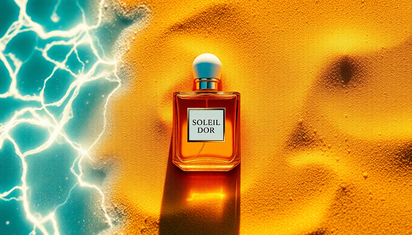 Showcasing Soleil Dor, a luxurious fragrance bottle on golden sands with turquoise waters, reflecting elegance and serenity.