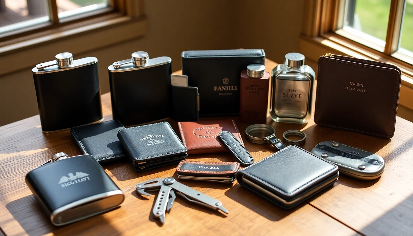 Explore cheap groomsmen gifts like personalized flasks and wallets showcased attractively.