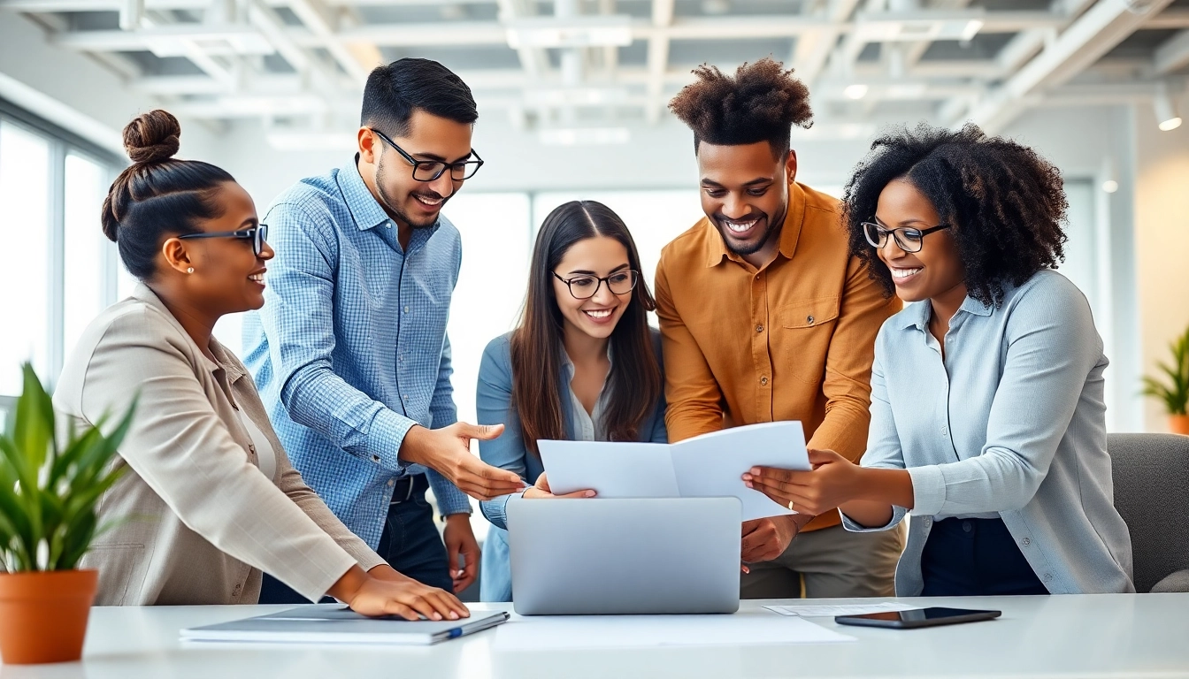 Outsourcing strategy meeting with a diverse team brainstorming ideas in a modern office.