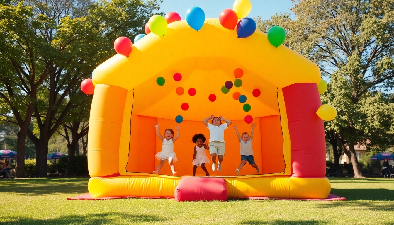 Children joyfully playing in a bouncing house at a sunny park with colorful balloons.