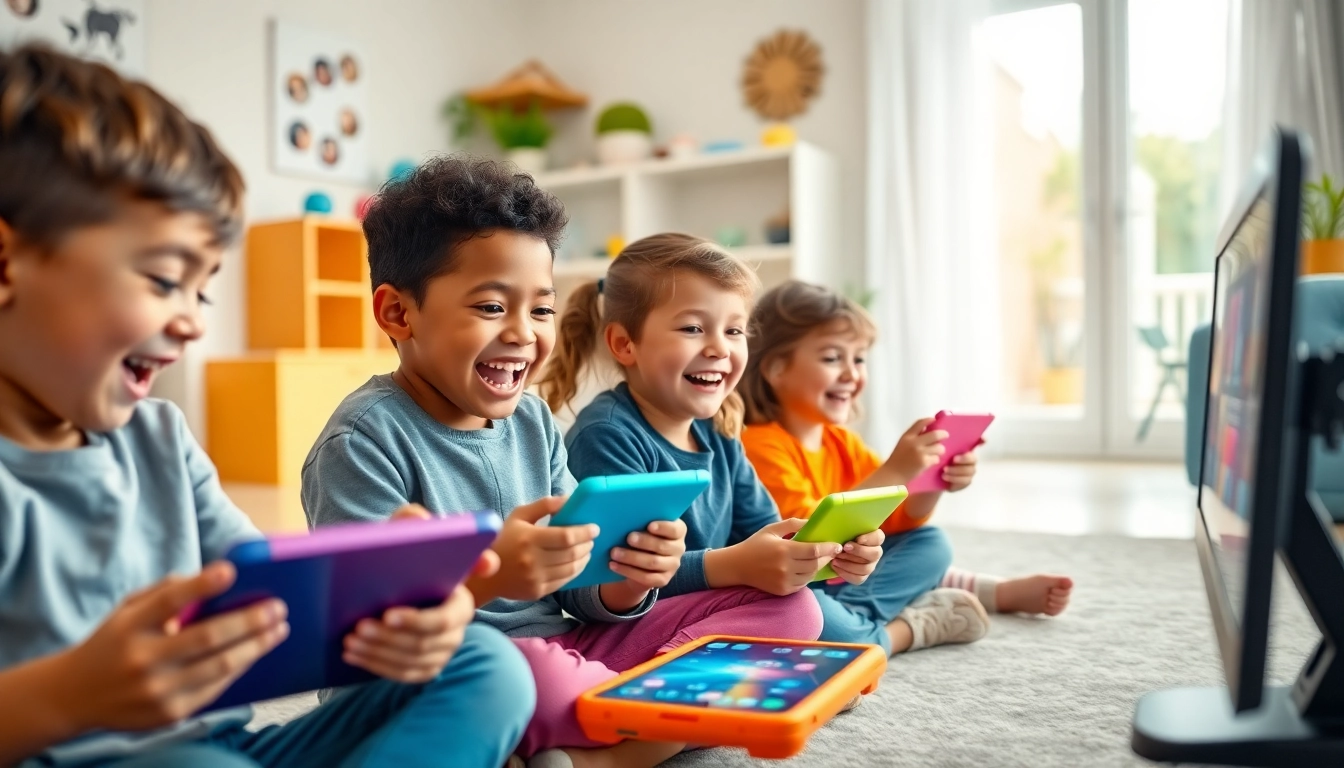 Kids enjoying free online games on tablets and laptops, engaging joyfully with vibrant colors around them.