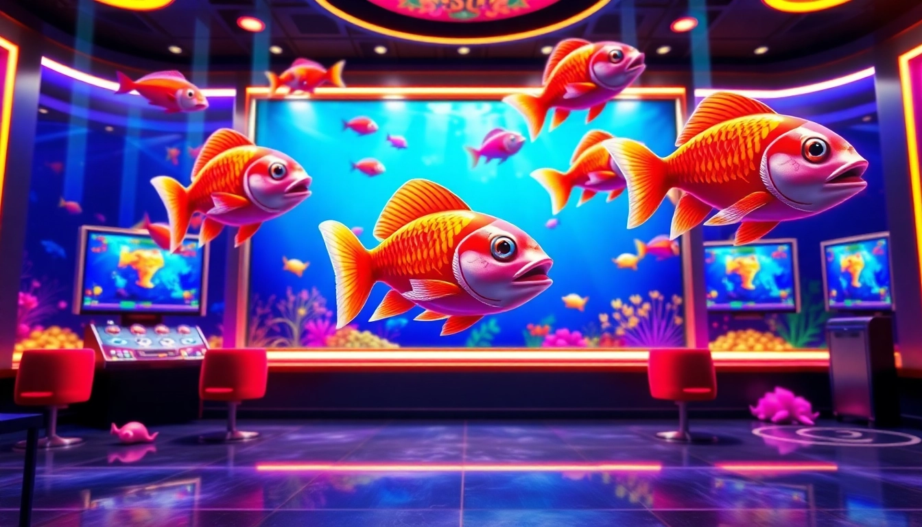 Engage in slot tembak ikan online with dynamic visuals of colorful fish in a vibrant gaming setup.