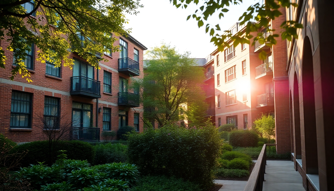 Experience Bloomsbury Residences' charming architecture amid lush greenery and warm sunlight.