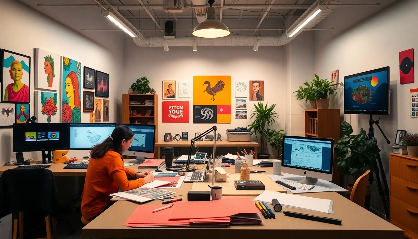 Designing custom graphic design visuals with vibrant colors and creative tools in a collaborative workspace.