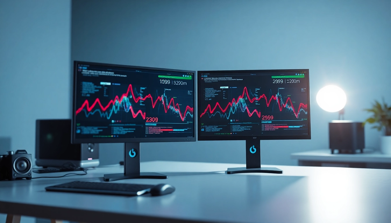 Setup for a Dual monitor install showcasing sleek monitors displaying vibrant data in a modern workspace.