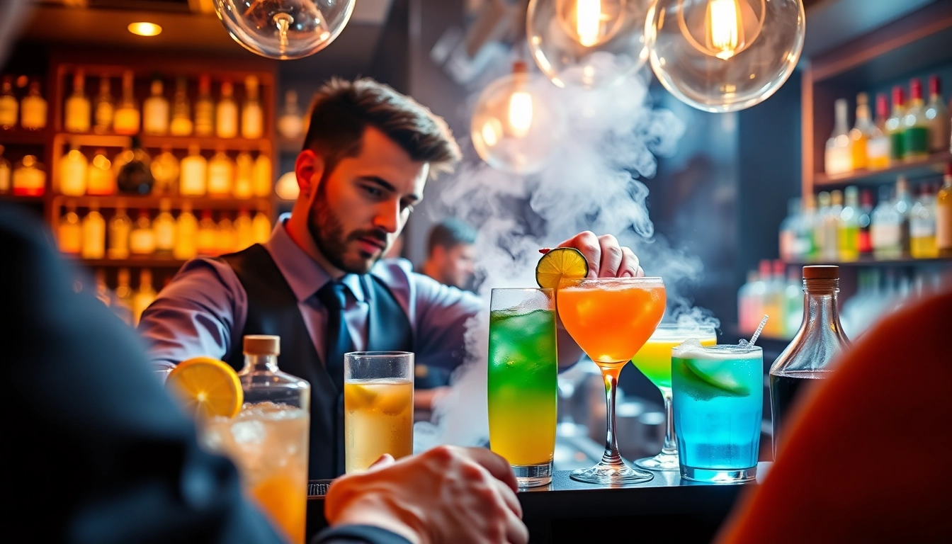 Watch expertness unfold during a cocktail kurs berlin as a bartender creates colorful drinks.