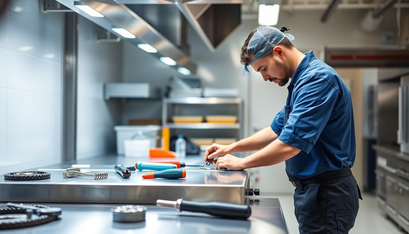 Technician performing prep table repair in a commercial kitchen, showcasing tools and equipment for maintenance.