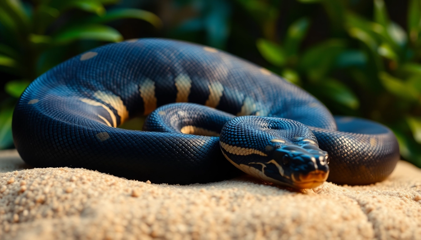 Stunning black ball python for sale​ with glossy scales, curled elegantly on soft natural substrate.