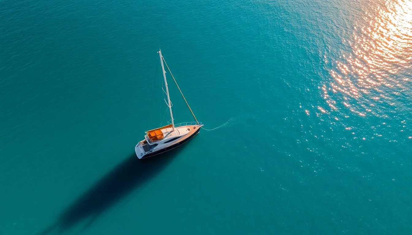 Enjoy a serene scene of a 40 foot boat anchored in a crystal-clear bay under golden sunlight, perfect for adventure seekers.