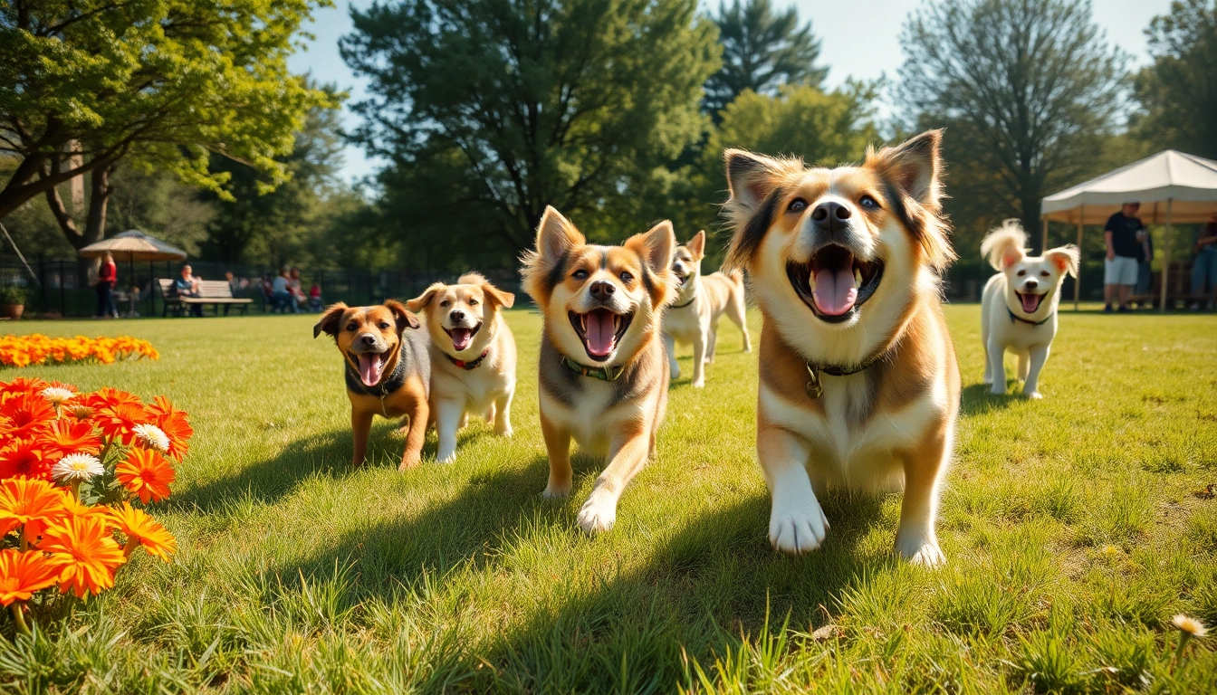 Playful dogs enjoying a sunny day at Kate's K9 Pet Care dog park.