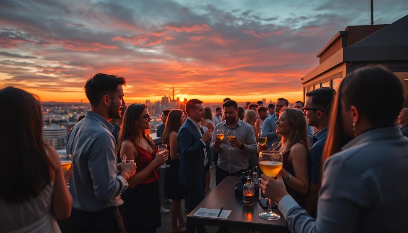 Colleagues celebrating an After Work Party with cocktails at a lively rooftop setting during sunset.