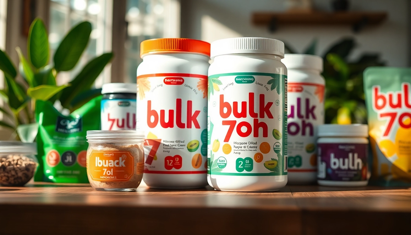 Showcasing Bulk 7oh products with bright labels and natural textures, conveying a sense of wellness.