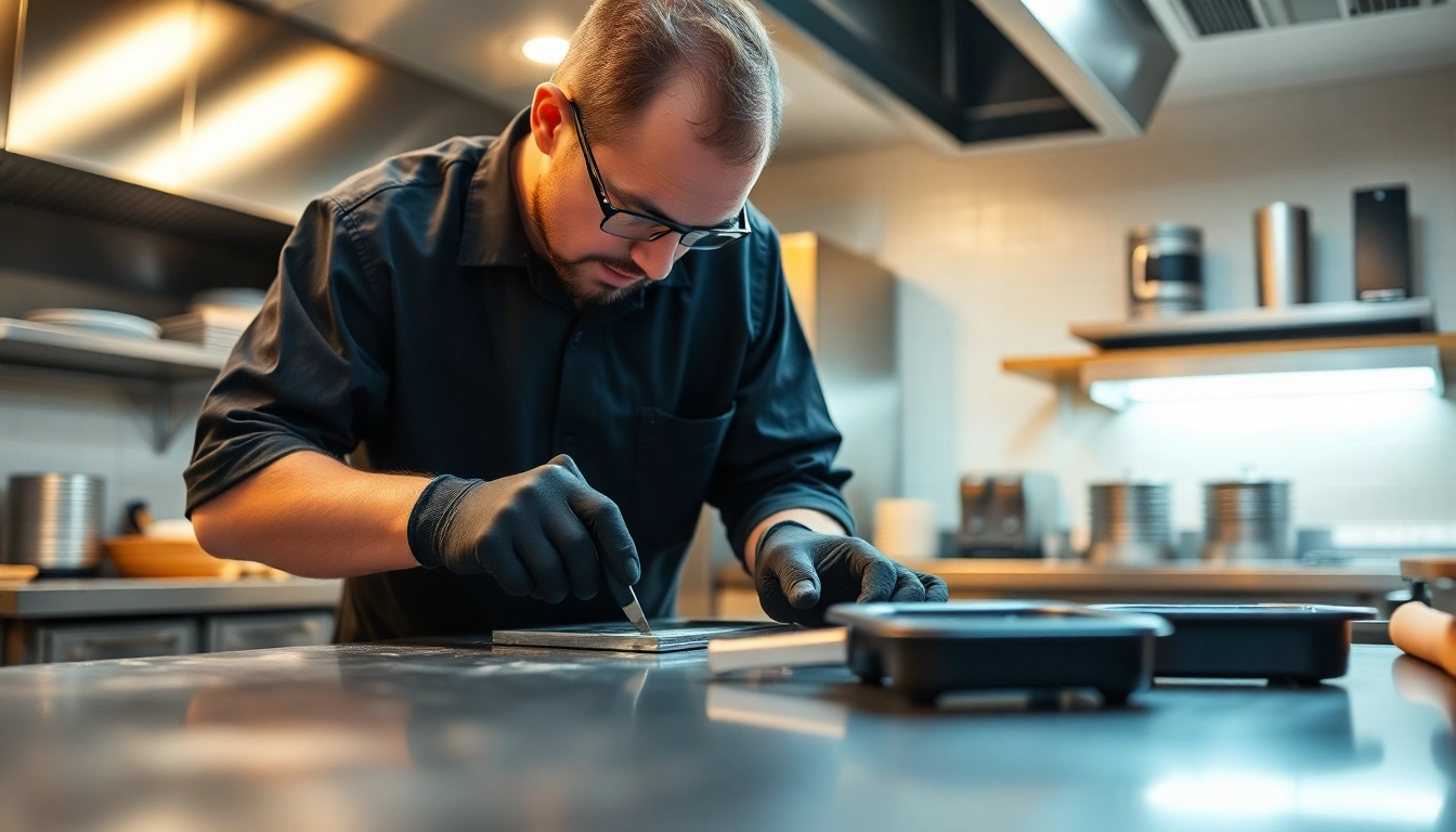 Technician performing prep table repair in a commercial kitchen, showcasing equipment and tools.