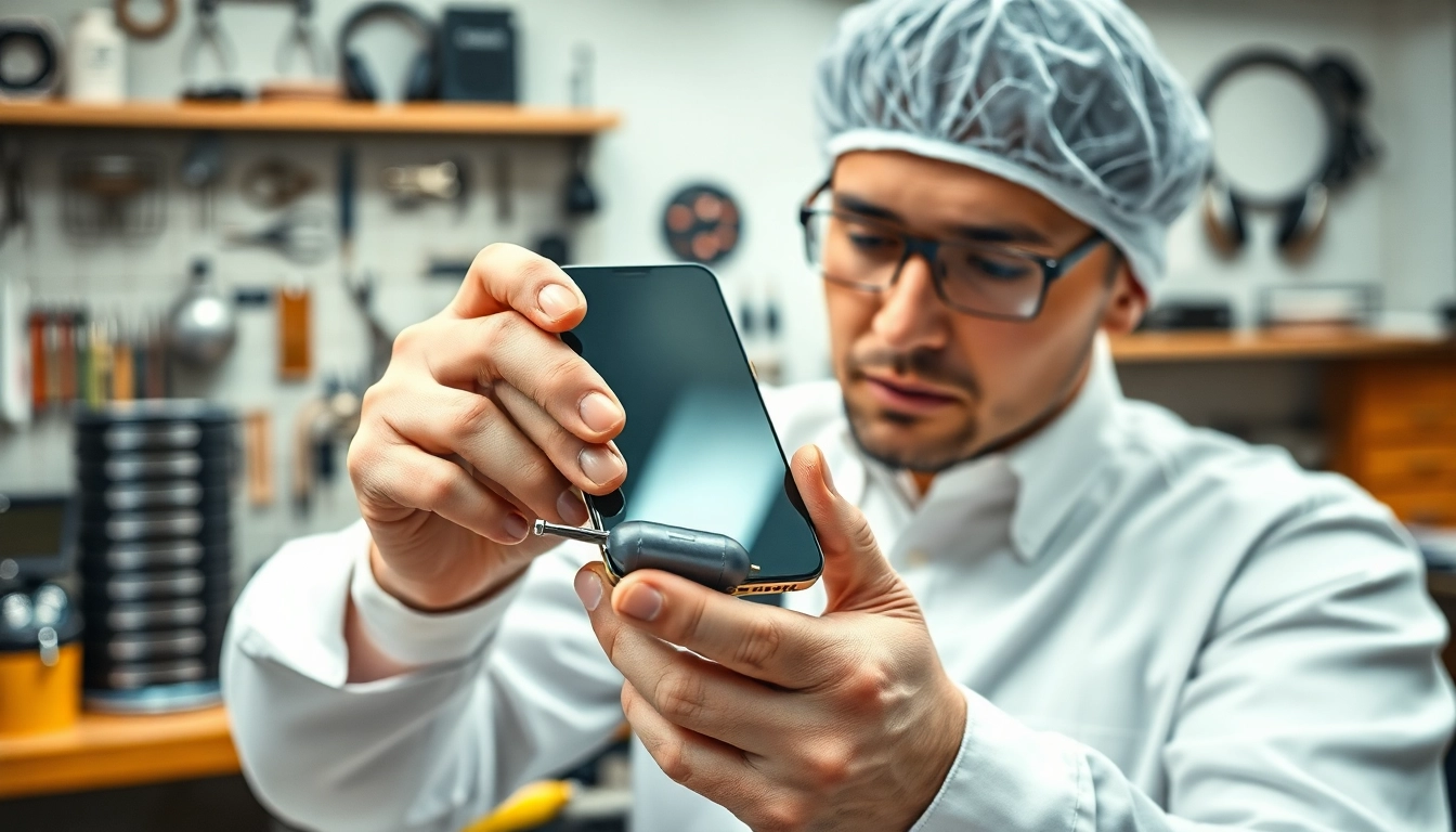 Riparazione iPhone Torino, tecnico esperto mentre sostituisce lo schermo di un dispositivo.