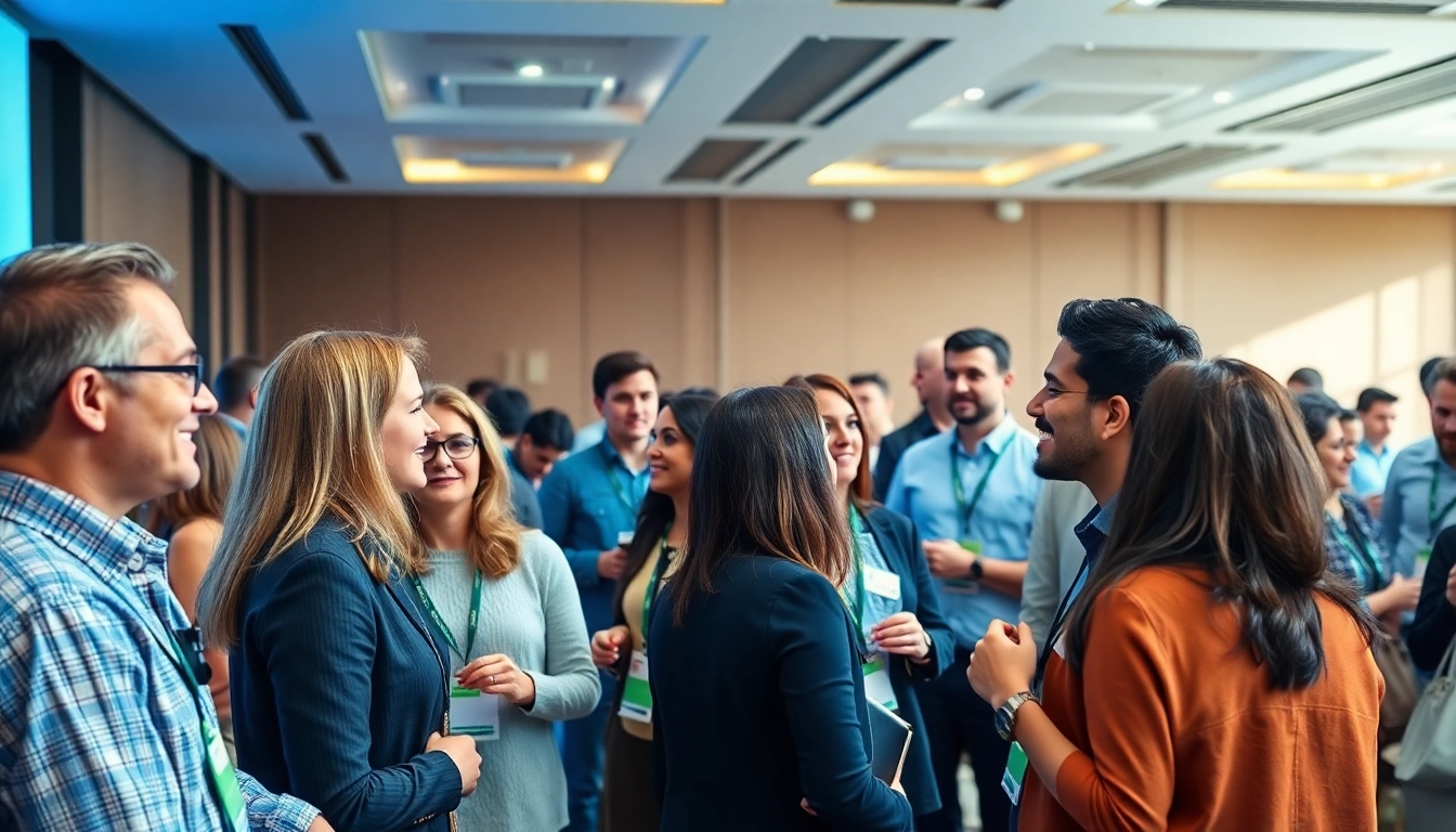 Networking professionals engaged in discussions at a vibrant business event.