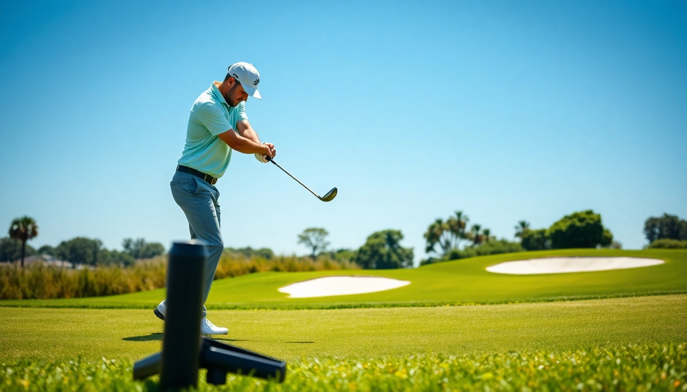 Golfer demonstrating proper swing technique with a golf swing training aid on the course.