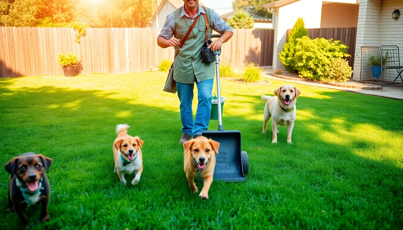 Efficient alamo ranch poop scooper cleaning a yard while happy dogs play.