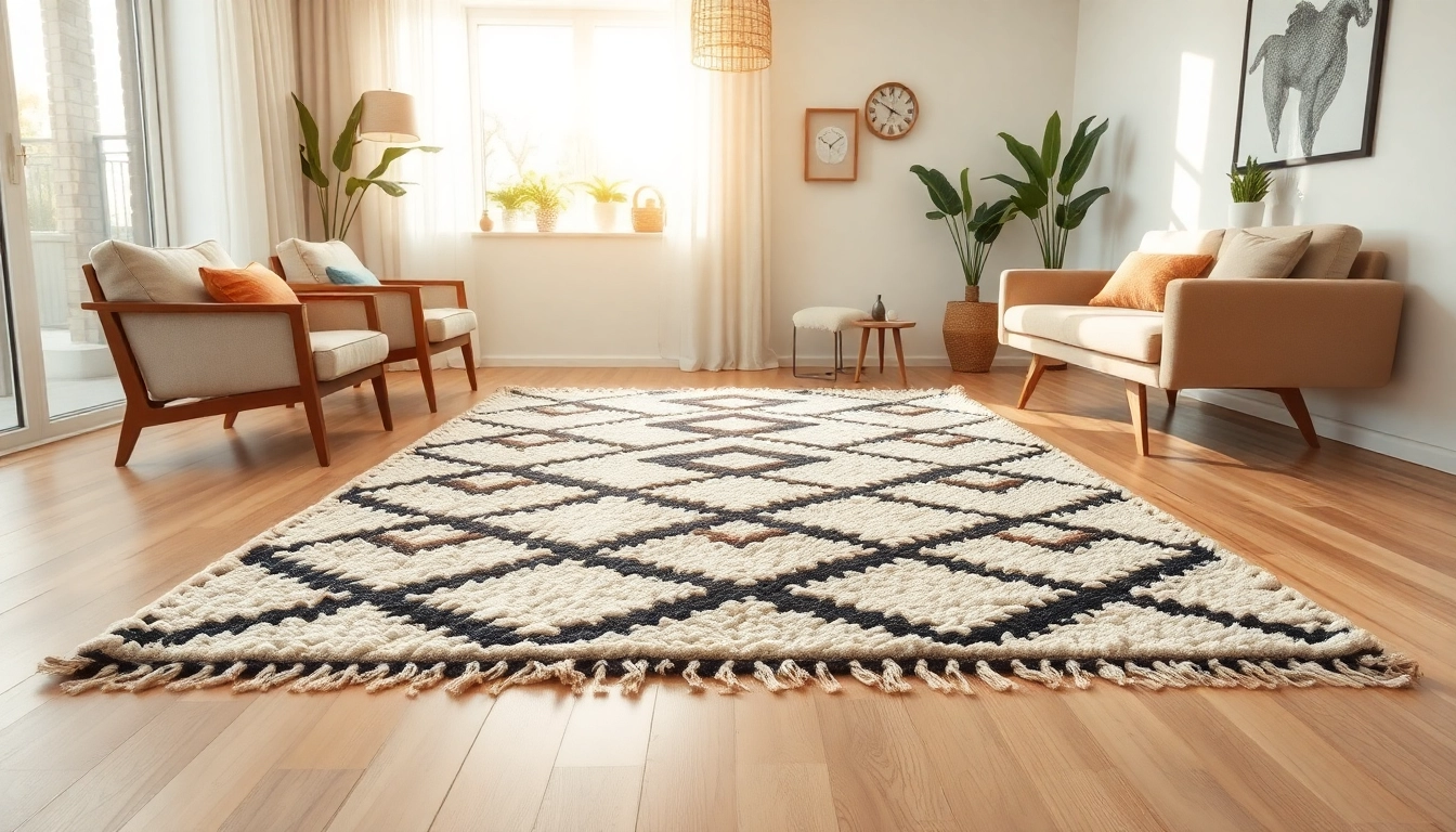 Enhance your interiors with exquisite Beni Ourain rugs featuring geometric patterns and earthy tones.