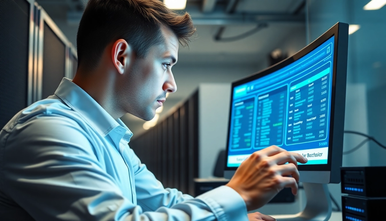 Backup Services Markham technician analyzing data backups in a modern office setting.