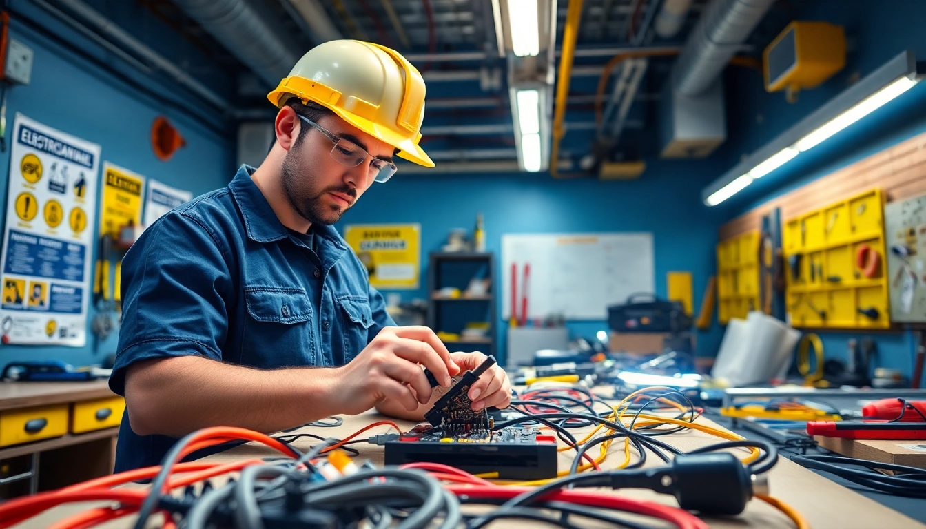 Electrician apprenticeship hawaii training featuring an apprentice focused on a circuit board in a workshop.