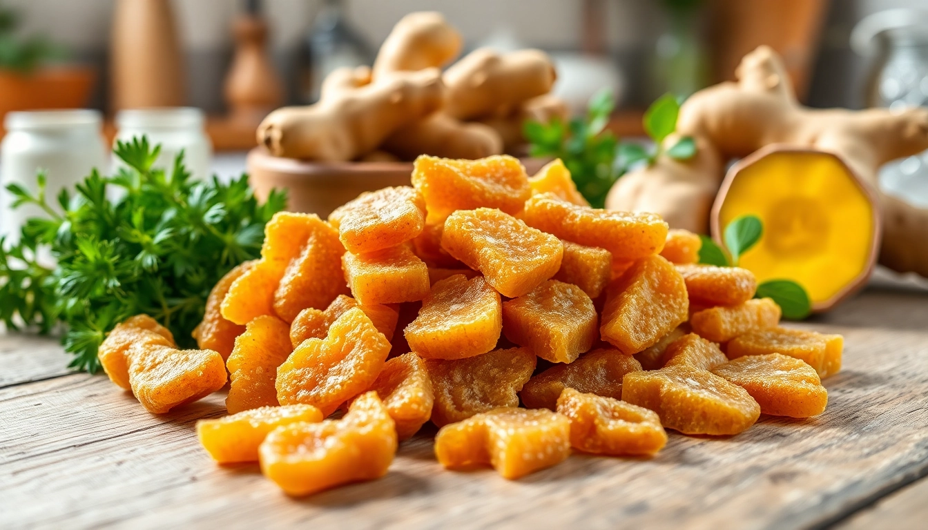 Ginger Chews displayed artistically with fresh ginger roots, emphasizing their natural ingredients.