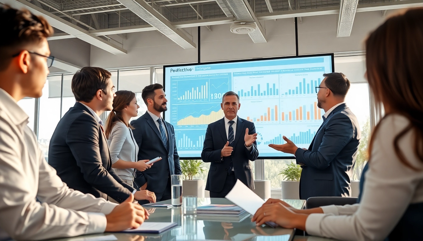 Discussing competitive intelligence strategies with a diverse business team in a modern office.