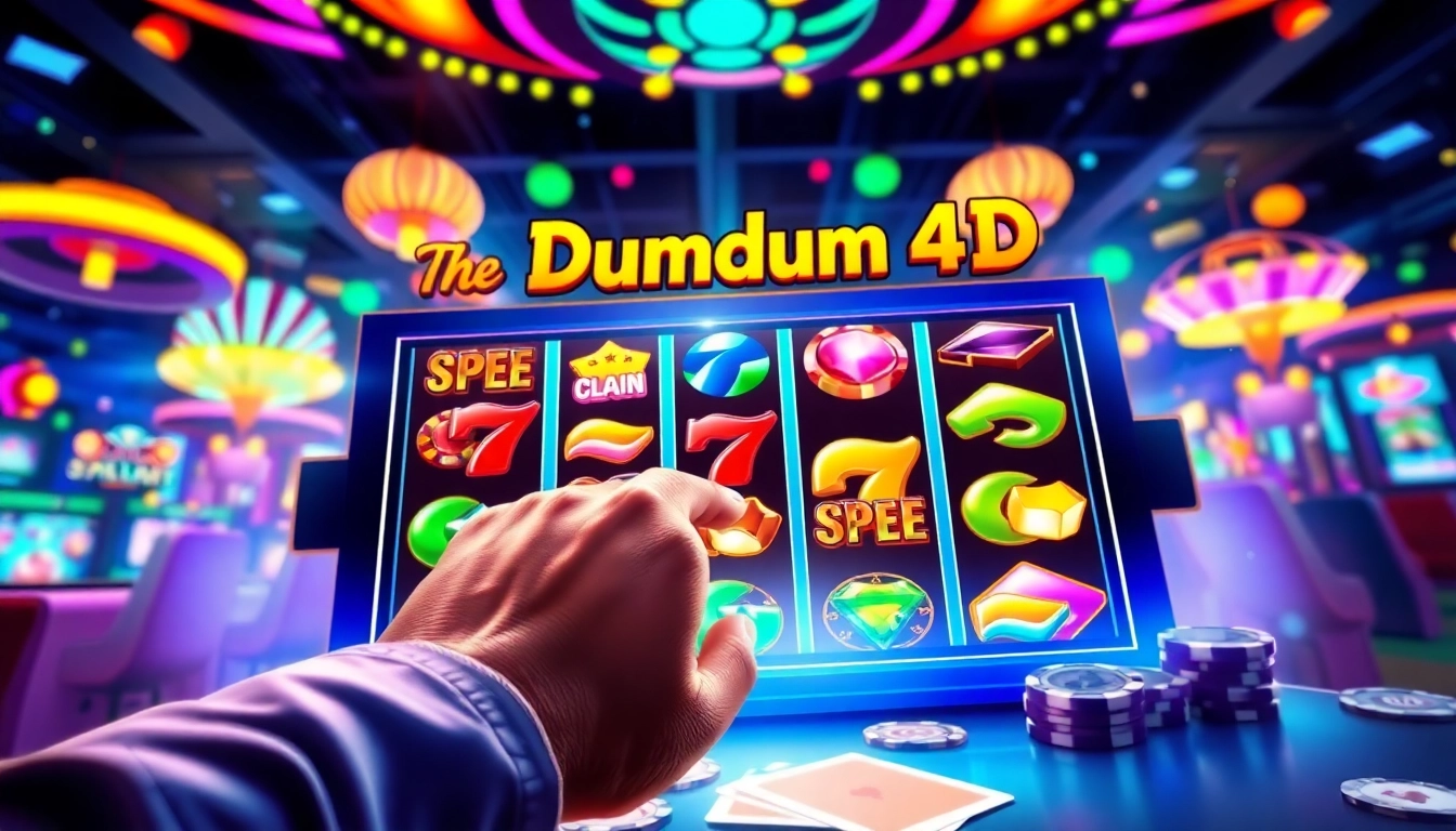 Putar Dumdum 4D slot dengan antusias di latar belakang kasino yang penuh warna.
