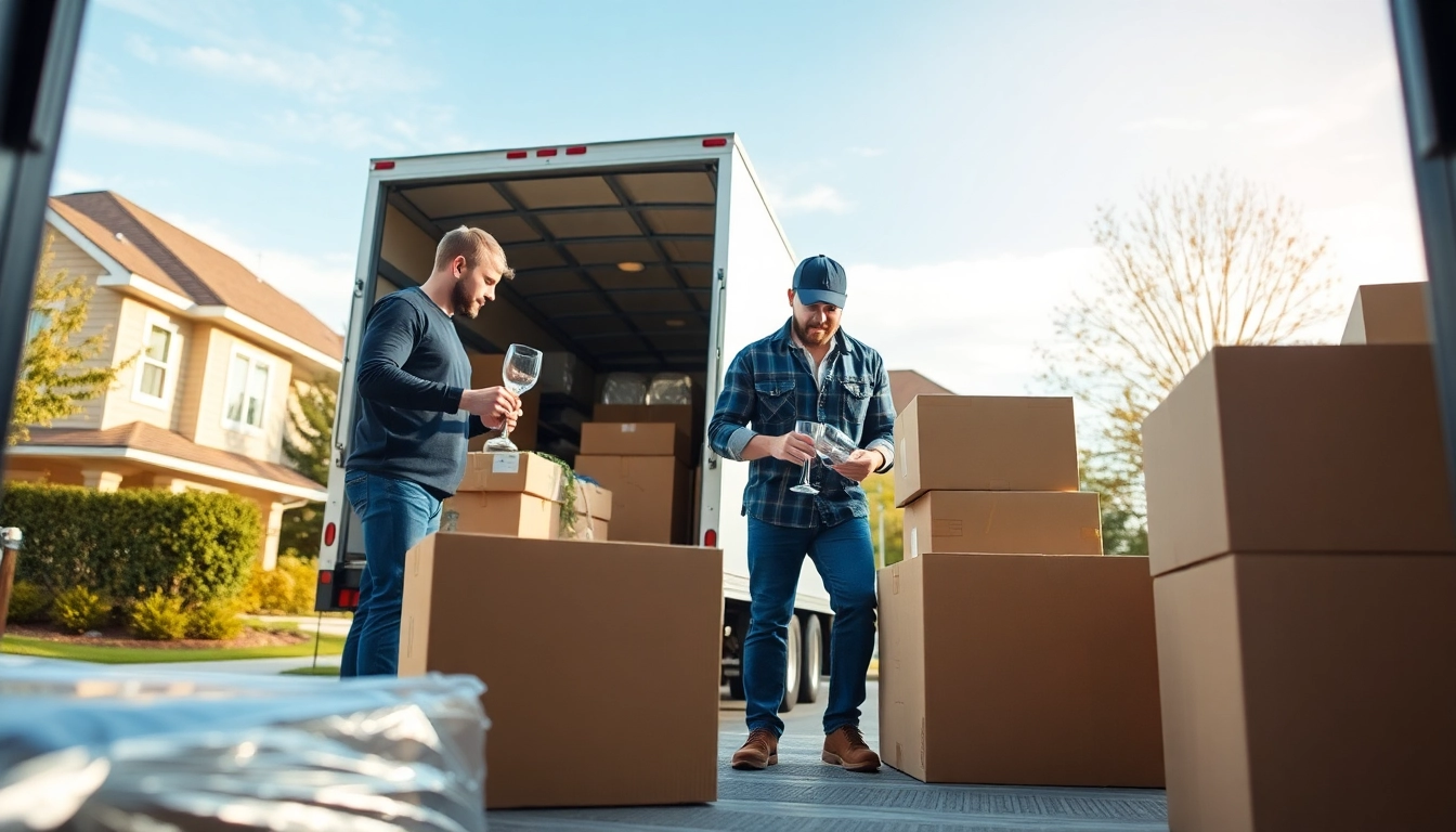 Movers packing fine glassware in a suburban setting while showcasing a moving company near me service.