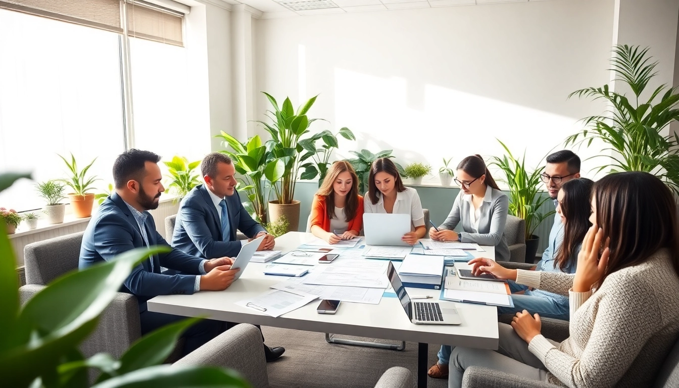 Engaging scene of Quickplus Business Consultants collaborating in a modern office setup.