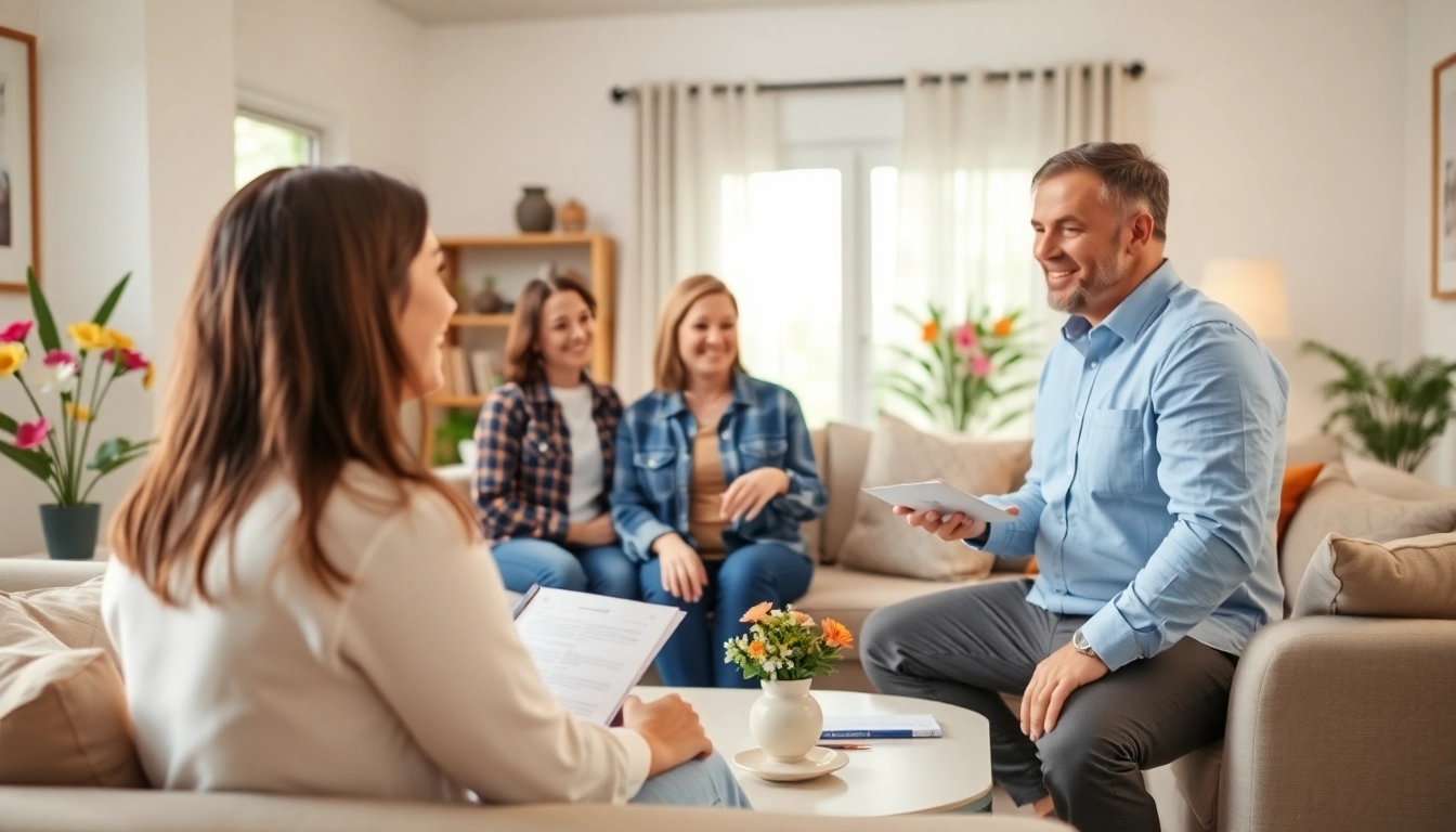 Engaging direct home buyers discussing cash offers with a family in a welcoming home atmosphere.