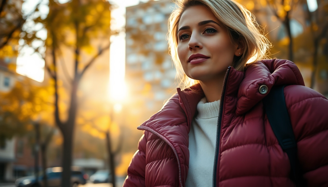 Model showcasing a stylish puffer jacket for women in an outdoor urban setting.