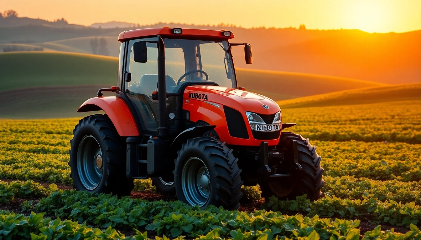 Kuboata Traktor bearbeitet ein Feld in warmem Licht, zeigt seine Leistungsfähigkeit und Robustheit.