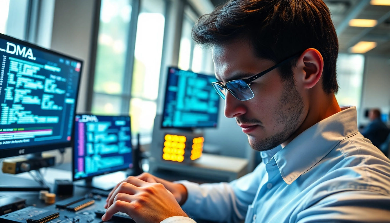 Engineer developing dma firmware while analyzing technical data in a modern lab.