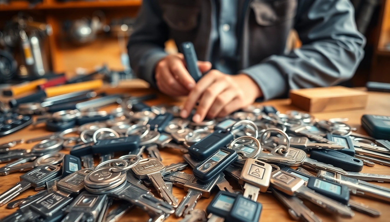 Organizing van keys on a workbench with a professional locksmith for quality service.